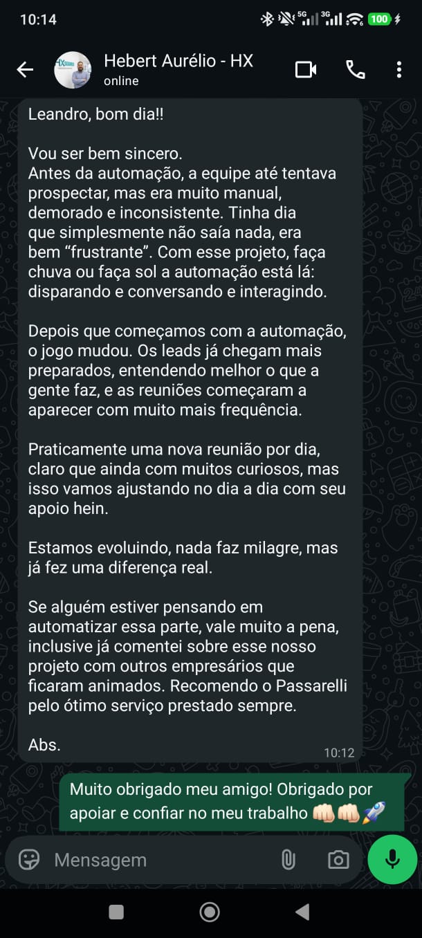 Print do depoimento de Hebert Aurélio no WhatsApp