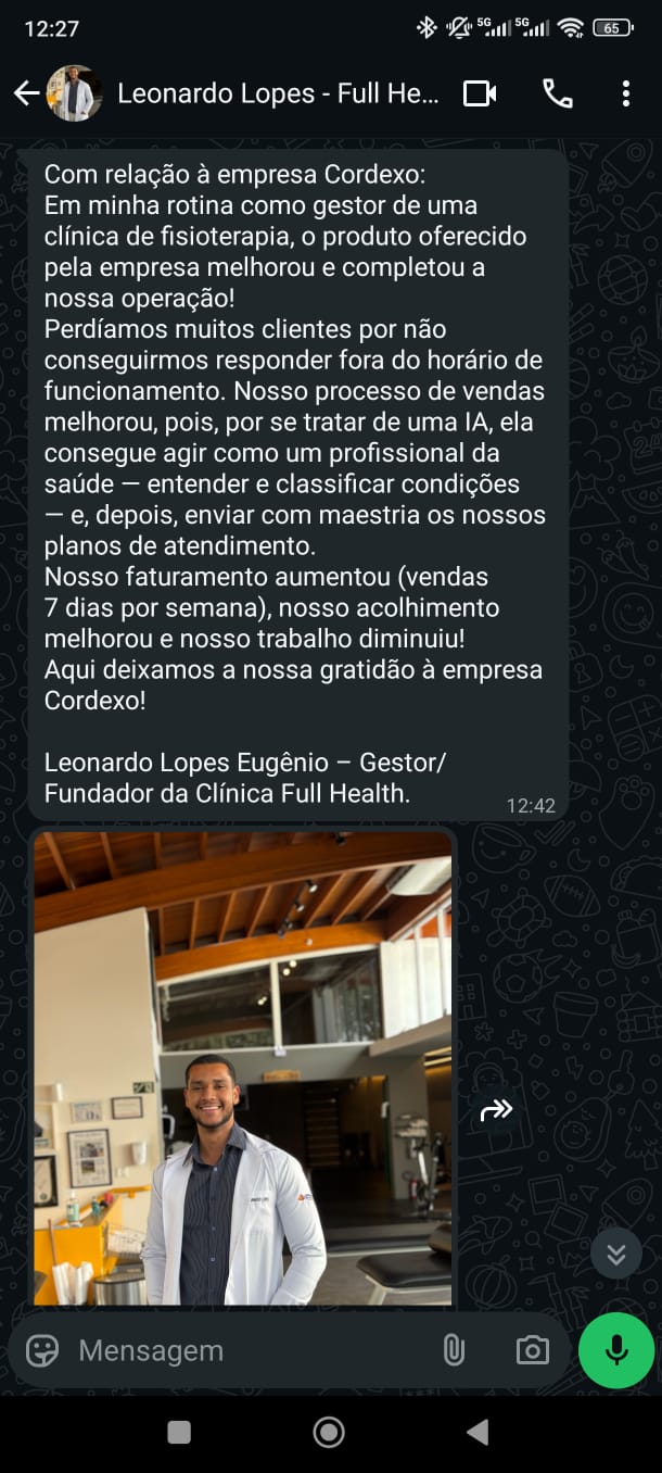 Print do depoimento de Leonardo Lopes no WhatsApp