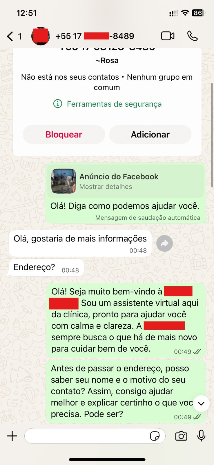 Conversa real de WhatsApp com atendimento automatizado