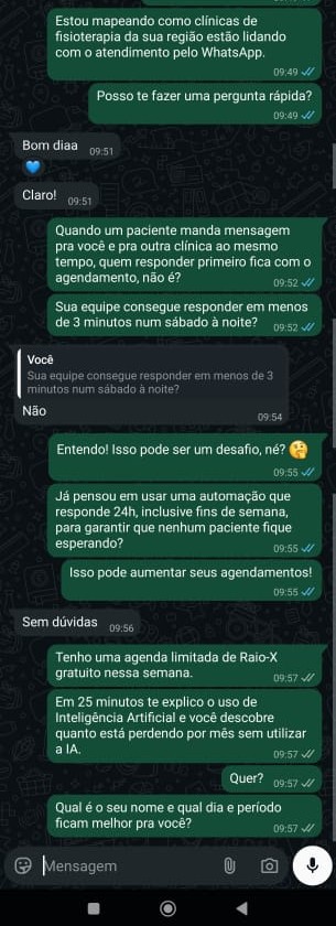 Conversa real de WhatsApp de prospecção automatizada